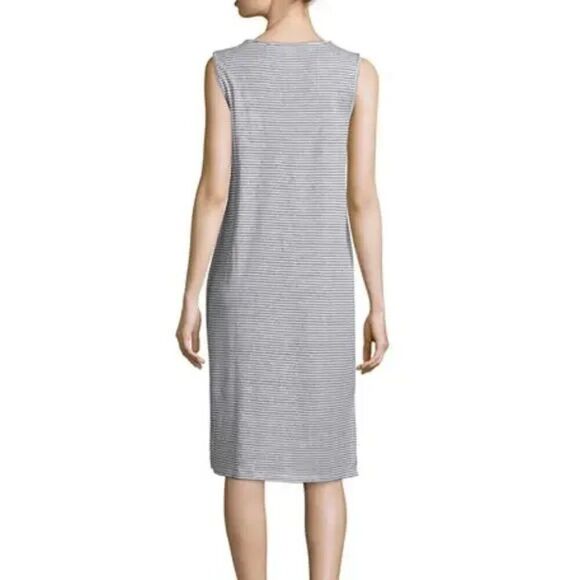 Eileen Fisher Sleeveless Linen Tank Dress Knee Lenght Striped White Black Size L - Picture 2 of 13